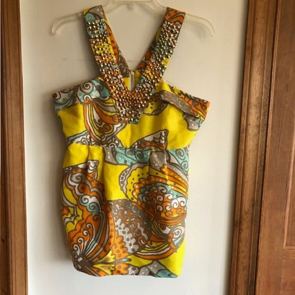 KATE SPADE Jana Silk Yellow Halter Rhinestone Metal Accent Top 8 - Picture 5 of 17